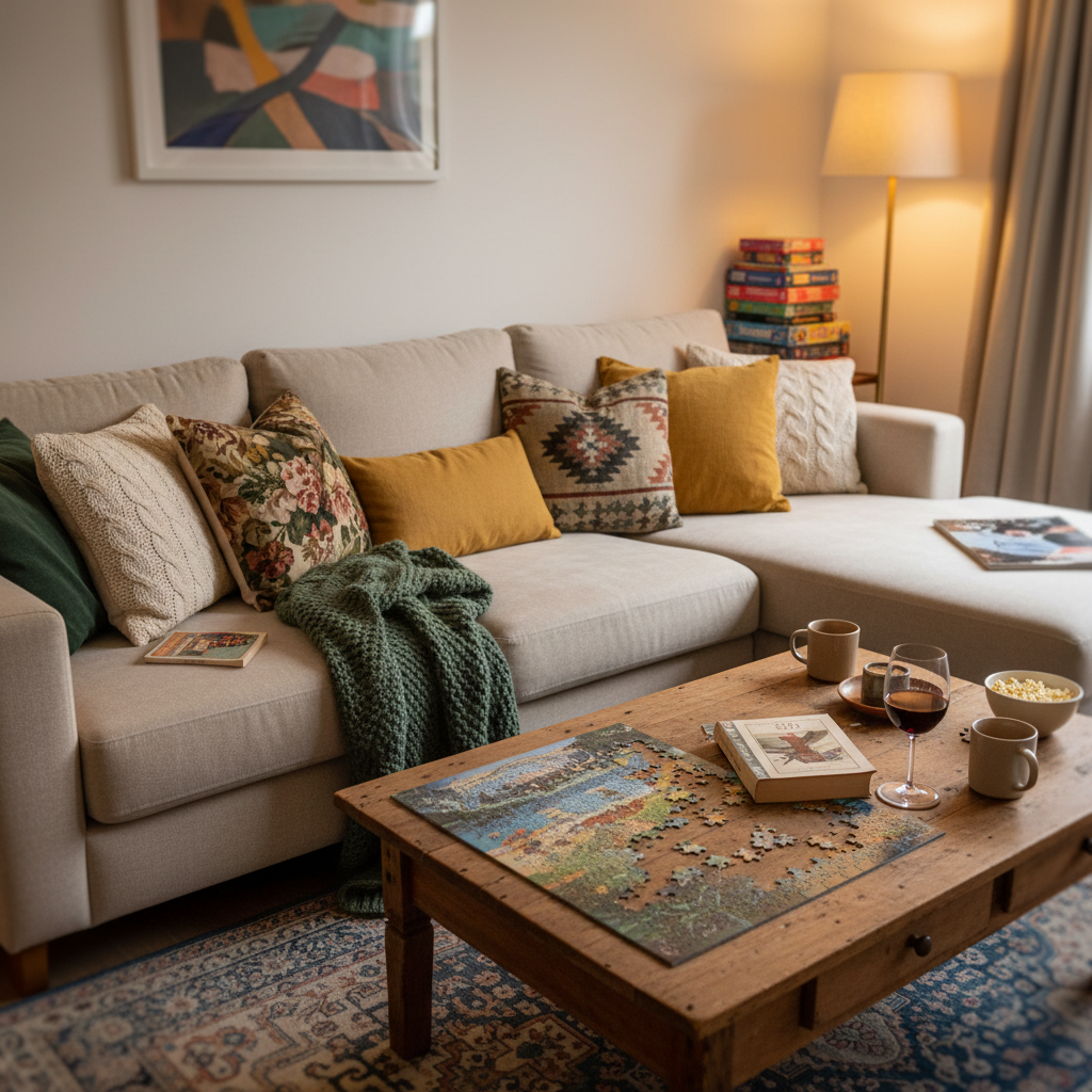 A cozy living room scene featuring a low, plush oatmeal-colored sofa overflowing with mismatched cushions, a soft knit throw draped carelessly over the arm, and a cluttered but charming coffee table with a half-finished puzzle, a dog-eared paperback, and a glass of red wine. A warm floor lamp in the corner casts a golden, comforting light that pools across a faded patterned rug. In photographic realism, the edges of the room blur into soft bokeh, with a stack of board games and a slightly crooked framed print in the background. Captured at eye level with a relaxed, off-center composition, the mood is inviting, slightly chaotic, and warmly humorous—an honest snapshot of a late-evening unwind in a late-30s home.