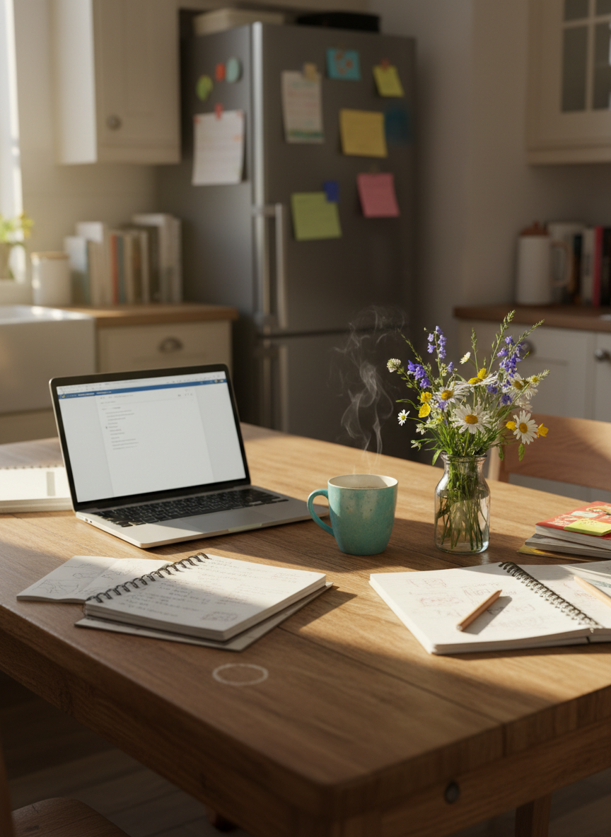 A well-worn wooden kitchen table scattered with open notebooks, a sleek silver laptop, a chipped turquoise mug, and a small vase of wildflowers, all captured in photographic realism. Soft late-morning sunlight spills in from an unseen window, washing the tabletop in a warm glow and creating gentle shadows between the objects. In the blurred background, a tidy yet lived-in kitchen with pale cabinets and a fridge covered in colorful sticky notes suggests everyday chaos. Shot from a slightly elevated, three-quarter angle with a shallow depth of field, the focus rests on the messy-yet-charming workspace. The mood is playful, candid, and honest—like a real-life brainstorming session for a lifestyle blog where life rarely goes according to plan.