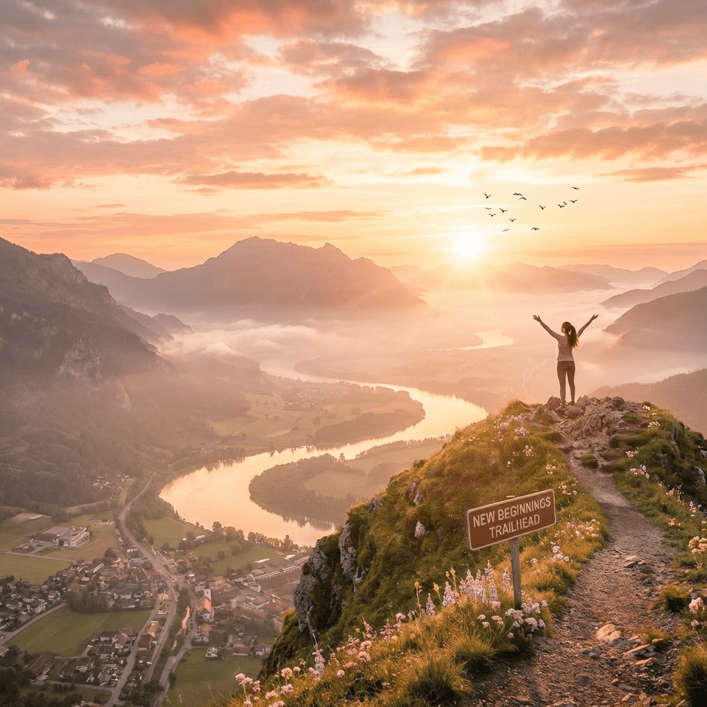 Hiker on a peak overlooking a misty river valley at sunrise with NEW BEGINNINGS TRAILHEAD sign.