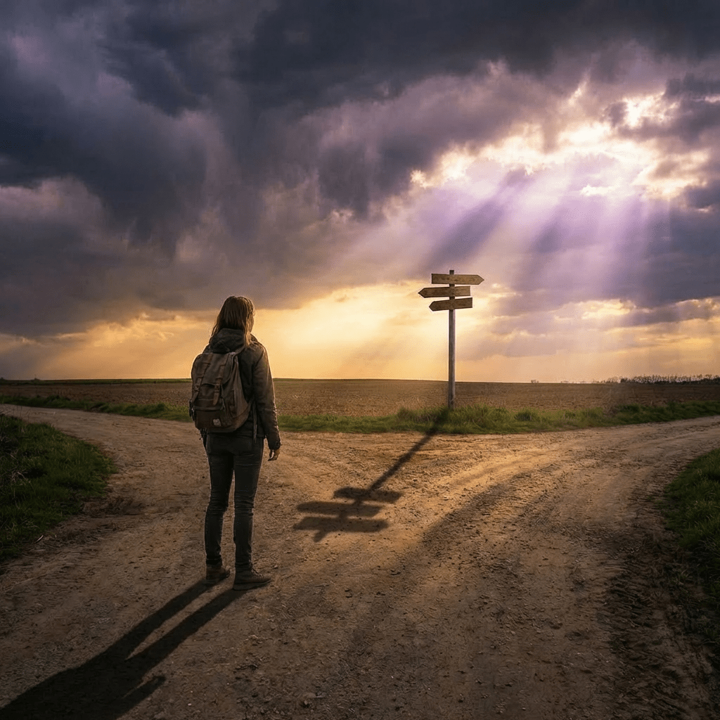 Traveler with a backpack standing at a crossroad sign under sunbeams and stormy clouds.